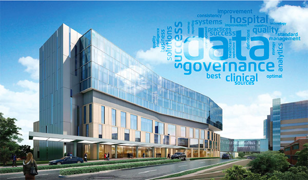 University of Kansas building with words data, governance, clinical, hospital, success superimposed