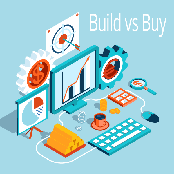 Build vs Buy graphic depicting computer, calculator, cogs, currency, bullseye icons