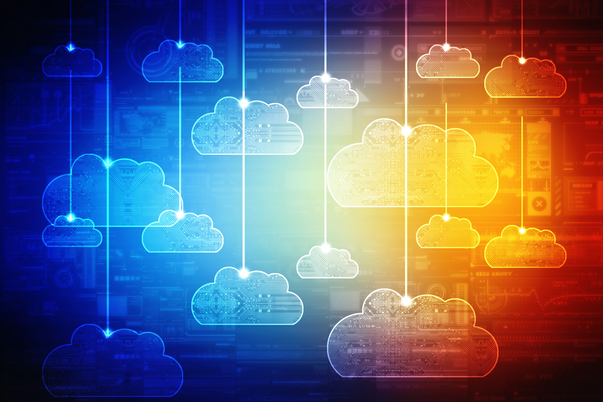 Cloud icons on a blue to red gradated background