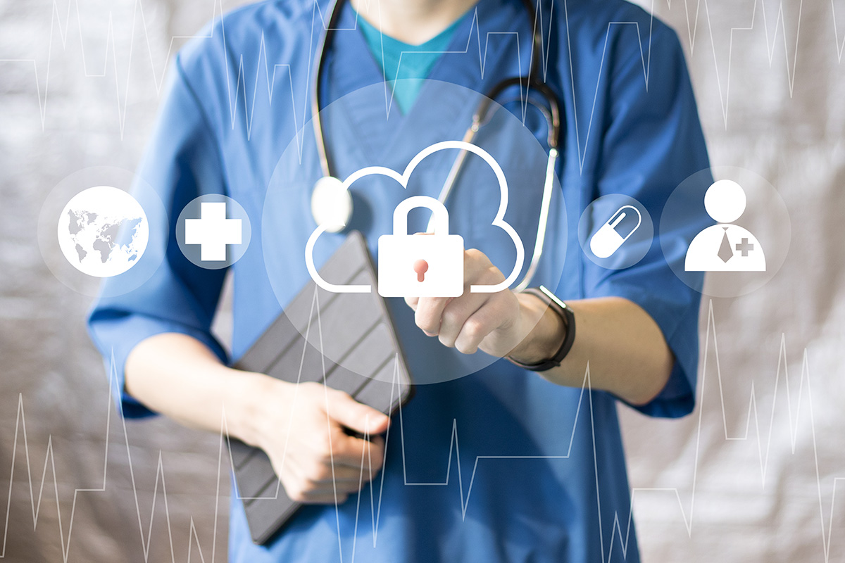 Graphic of medical professional with digital icons superimposed