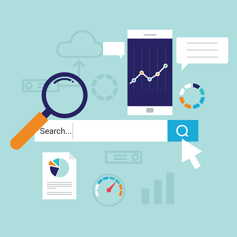 Illustration of analytics related icons - magnifying glass, search bar, mobile phone screen, pie graph, cloud and others